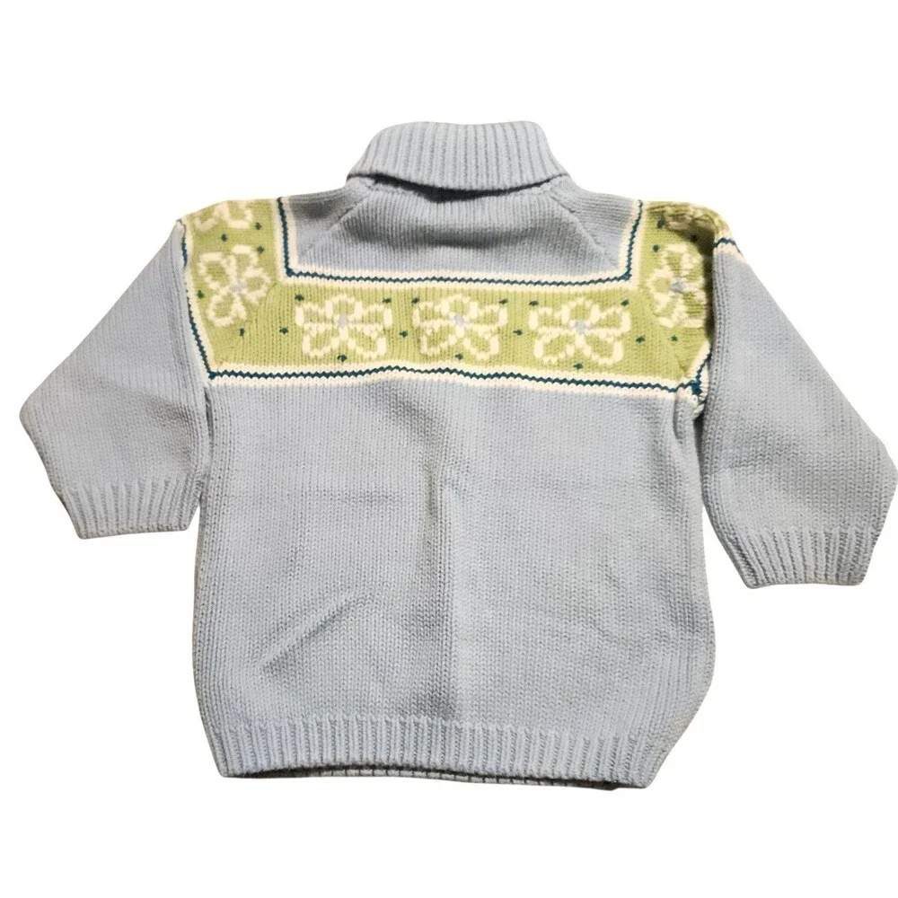 Vintage 80s Gymboree Turtleneck Sweater Blue Green w/ Flowers Girls Size M 3-4